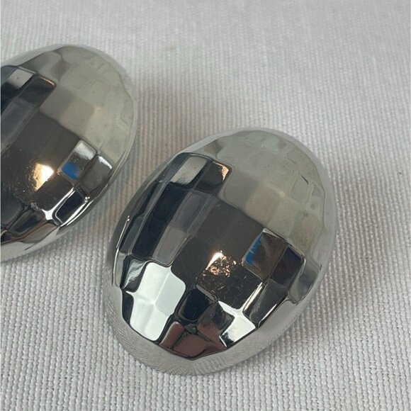 Vintage 80s Silver-Tone Faceted Oval Pierced Earrings Disco Ball Sparkly - Picture 3 of 6